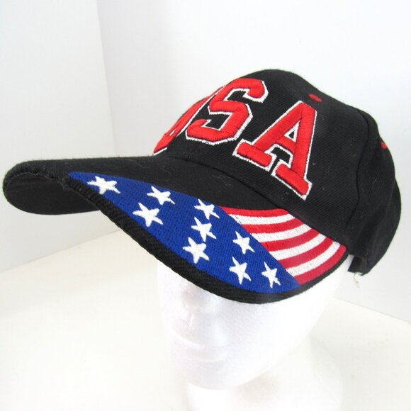 USA Embroidered Logo with Embroidered Flag Men's Black Adj Strap Back Cap Hat - Picture 2 of 8